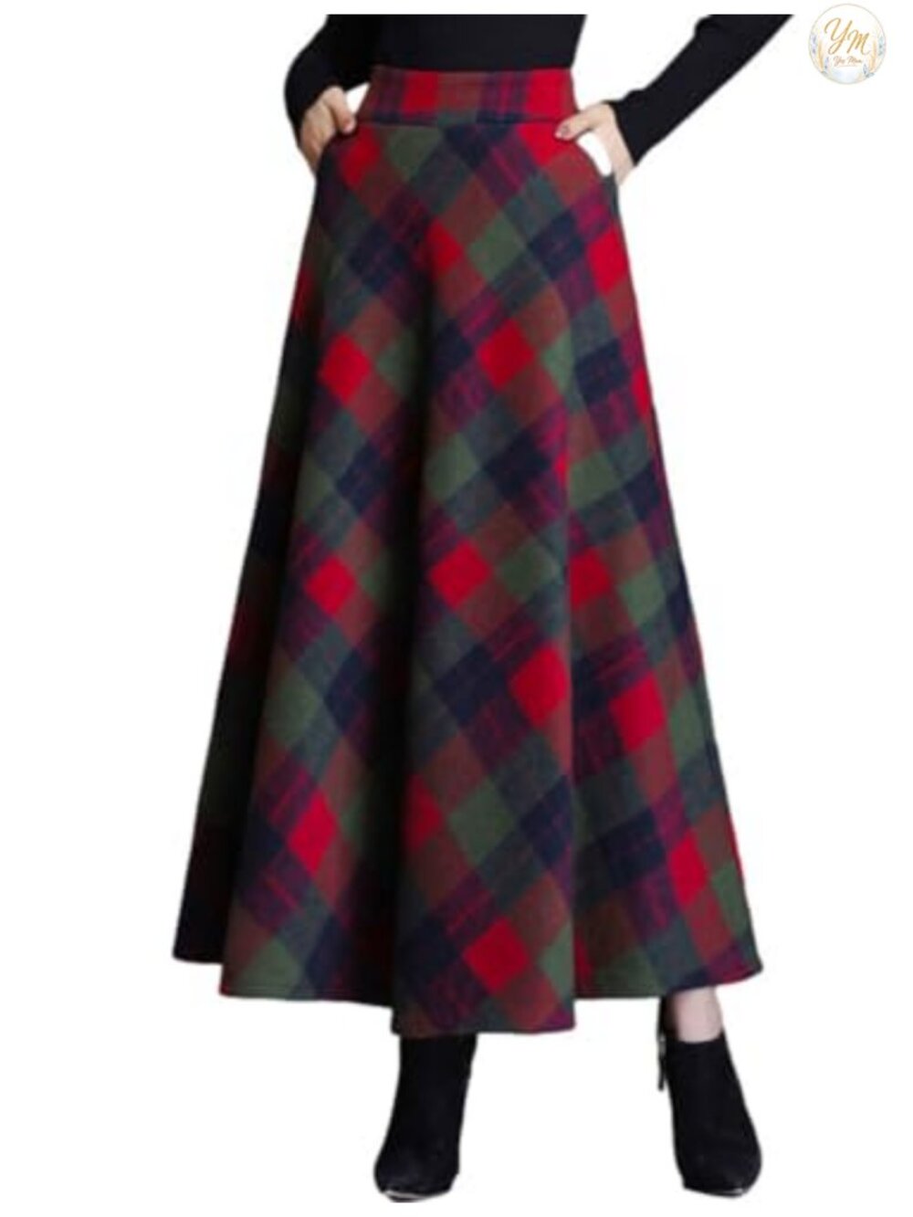 Wool Blend Plaid A-Line Maxi Skirt High Waist Pleated Winter Long